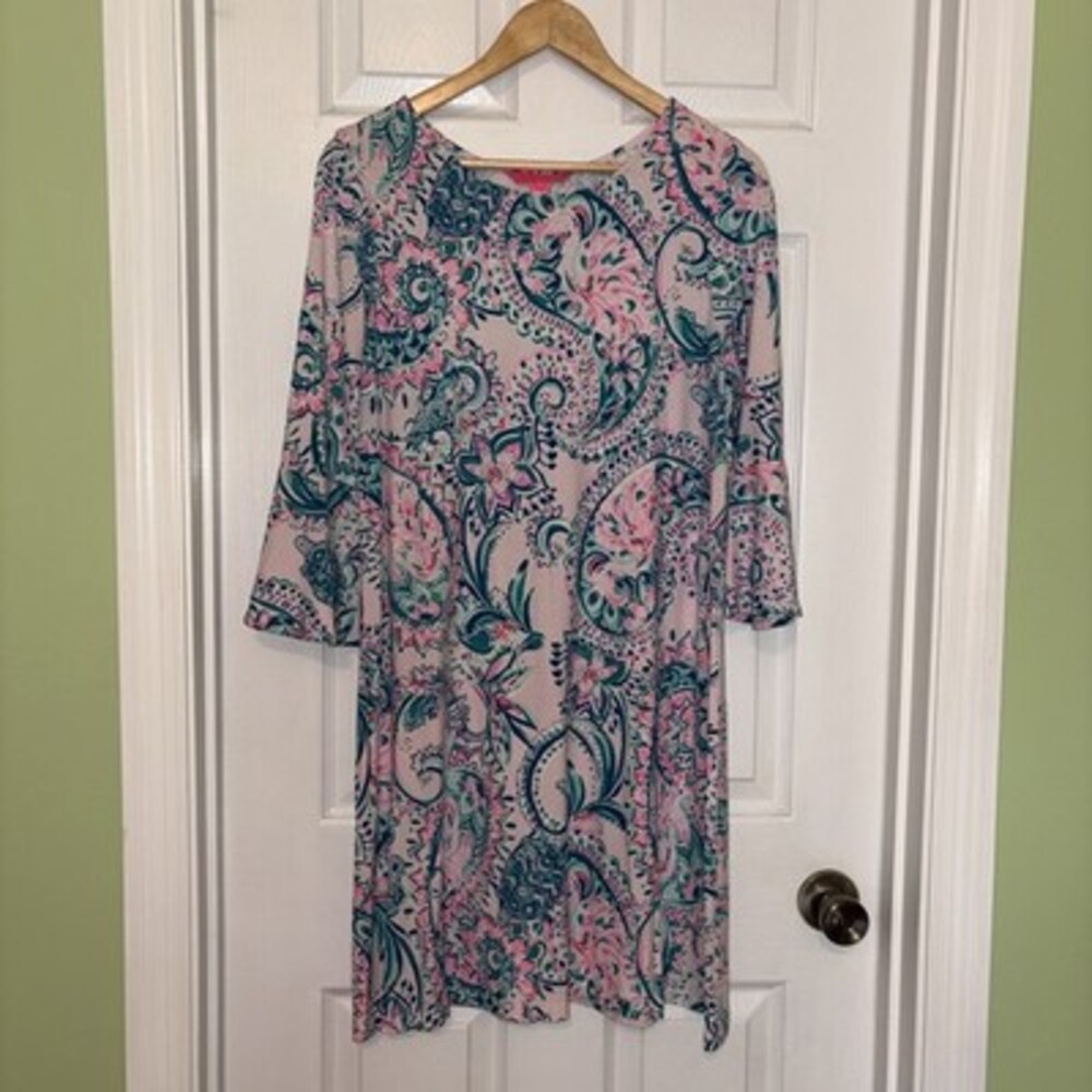 EUC Pink & Teal Lilly Pulitzer Paisley Turtle Knee Length Dress, Bell Sleeves, s